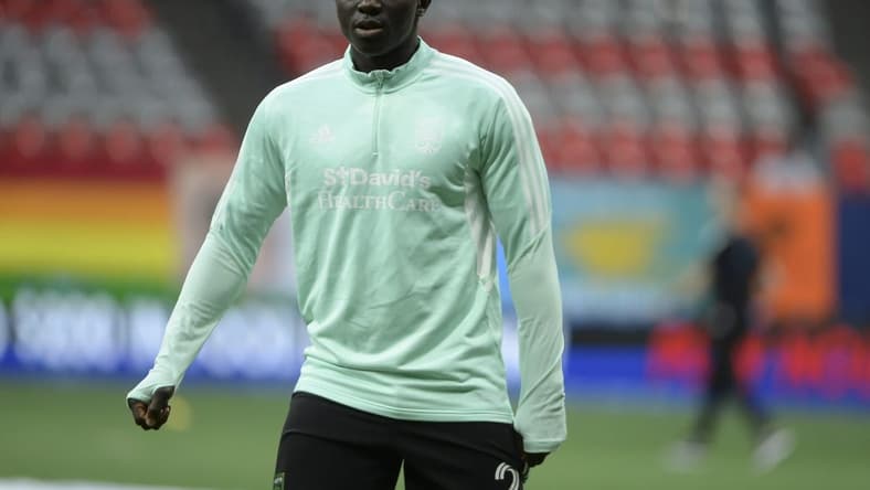 Oct 1, 2022; Vancouver, British Columbia, CAN;  Austin FC forward Moussa Djitte (2) warms up against the Vancouver Whitecaps FC at BC Place. Mandatory Credit: Anne-Marie Sorvin-USA TODAY Sports