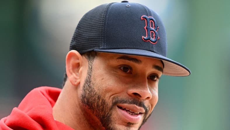 iOct 3, 2022; Boston, Massachusetts, USA; Boston Red Sox left fielder Tommy Pham (22) talks with the media before a game against the Tampa Bay Rays at Fenway Park. Mandatory Credit: Brian Fluharty-USA TODAY Sports