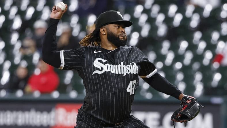 Oct 3, 2022; Chicago, Illinois, USA; Chicago White Sox starting pitcher Johnny Cueto (47) delivers against the Minnesota Twins during the first inning at Guaranteed Rate Field. Mandatory Credit: Kamil Krzaczynski-USA TODAY Sports
