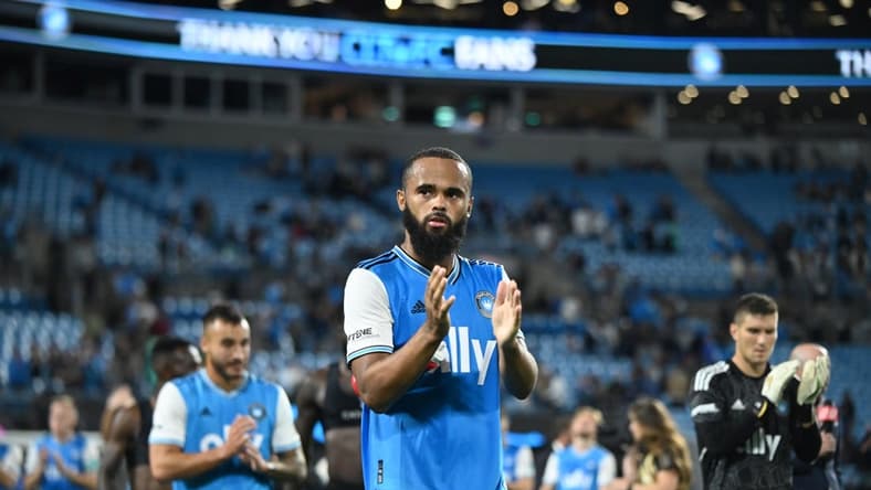 Oct 5, 2022; Charlotte, North Carolina, USA; Charlotte FC defender Anton Walkes (5) acknowledges fans after their tie against Columbus Crew at Bank of America Stadium. Mandatory Credit: Griffin Zetterberg-USA TODAY Sports