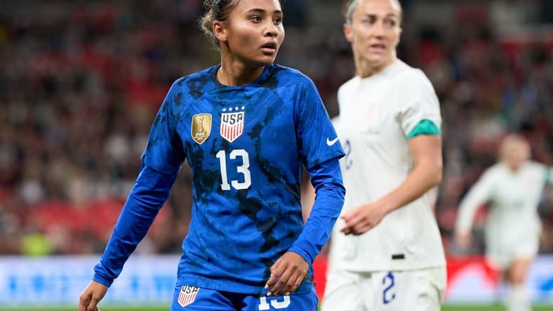 Oct 7, 2022; London, ENG; United states forward Alyssa Thompson (13) comes on as a substitute  in the match between United States and England at Wembley Stadium. Mandatory Credit: Peter van den Berg-USA TODAY Sports