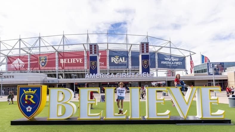 Oct 9, 2022; Sandy, Utah, USA;  Real Salt Lake fans Marleigh and Gwendolyn Pierce attended their first MLS game against the Portland Timbers at America First Field. Mandatory Credit: Melissa Majchrzak-USA TODAY Sports