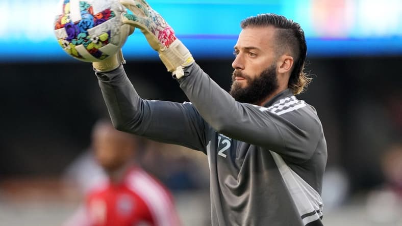Oct 1, 2022; San Jose, California, USA; San Jose Earthquakes goalkeeper Matt Bersano (12) warms up before the game against the Minnesota United at PayPal Park. Mandatory Credit: Darren Yamashita-USA TODAY Sports
