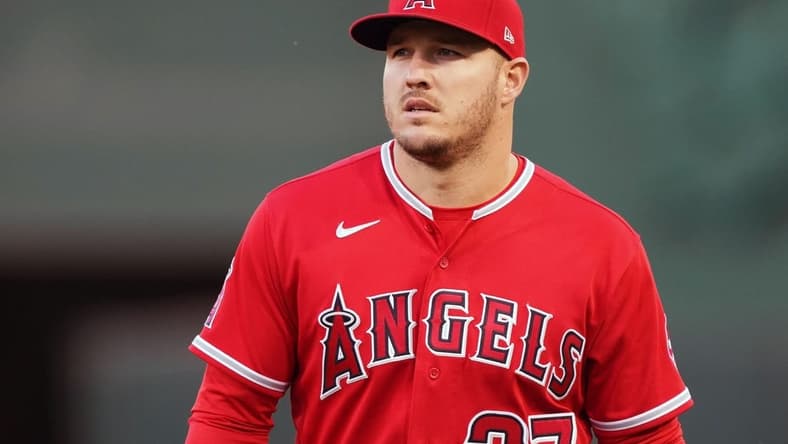Oct 3, 2022; Oakland, California, USA; Los Angeles Angels center fielder Mike Trout (27) before the game against the Oakland Athletics at RingCentral Coliseum. Mandatory Credit: Darren Yamashita-USA TODAY Sports
