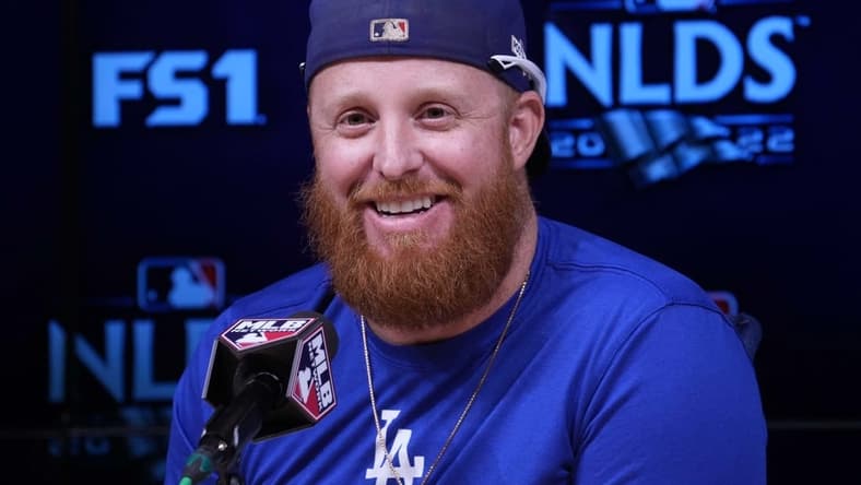 Oct 11, 2022; Los Angeles, California, USA; Los Angeles Dodgers third baseman Justin Turner (10) at a press conference before game one of the NLDS of the 2022 MLB Playoffs against the San Diego Padres at Dodger Stadium. Mandatory Credit: Kirby Lee-USA TODAY Sports