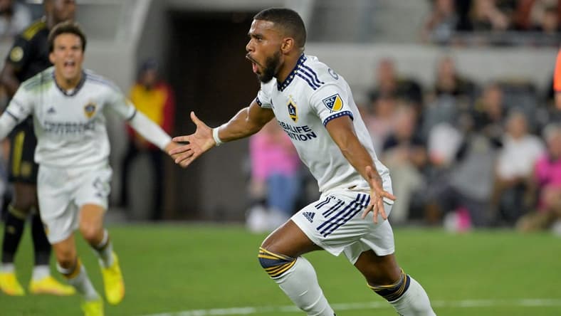 Oct 20, 2022; Los Angeles, California, US; Los Angeles Galaxy midfielder Samuel Grandsir (11) celebrates after during the first half of the MLS Cup Playoff semifinal against Los Angeles FC at Banc Of California Stadium. Mandatory Credit: Jayne Kamin-Oncea-USA TODAY Sports