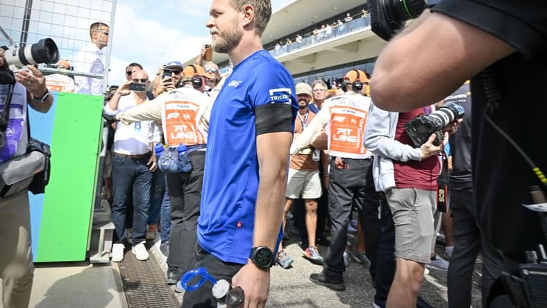Oct 23, 2022; Austin, Texas, USA; Haas F1 Team driver Kevin Magnussen (20) of Team Denmark walks on to the track before the running of the U.S. Grand Prix F1 race at Circuit of the Americas. Mandatory Credit: Jerome Miron-USA TODAY Sports