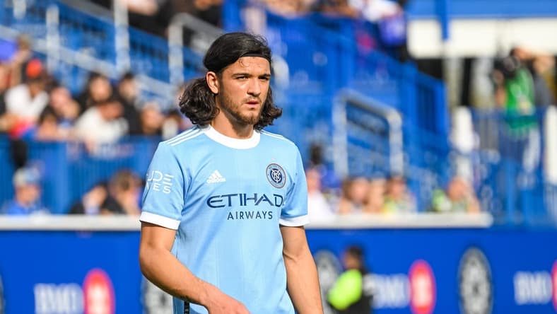 Oct 23, 2022; Montreal, Quebec, Canada; New York City FC midfielder Justin Haak (80) against CF Montreal during the second half of the conference semifinals for the Audi 2022 MLS Cup Playoffs at Stade Saputo. Mandatory Credit: David Kirouac-USA TODAY Sports