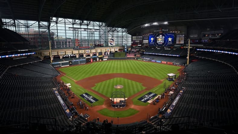 Oct 28, 2022; Houston, Texas, USA; A general view of Minute Maid Park before game one of the 2022 World Series between the Philadelphia Phillies and the Houston Astros. Mandatory Credit: Orlando Ramirez-USA TODAY Sports