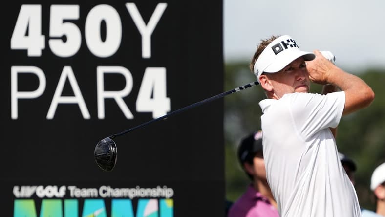 Oct 29, 2022; Miami, Florida, USA; Ian Poulter tees off on the 17th hole during the second round of the season finale of the LIV Golf series at Trump National Doral. Mandatory Credit: Jasen Vinlove-USA TODAY Sports