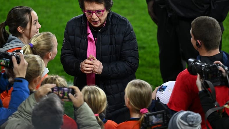Oct 29, 2022; Washington, D.C., USA; Billie Jean King reacts with fans before the game between Kansas City Current and Portland Thorns FC at Audi Field. Mandatory Credit: Tommy Gilligan-USA TODAY Sports