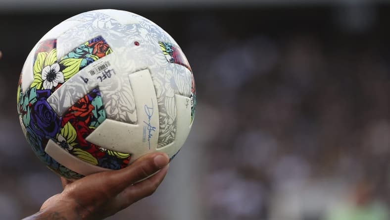 Oct 30, 2022; Los Angeles, California, USA; A detail view of the official game ball during the conference finals for the Audi 2022 MLS Cup Playoffs between the Los Angeles FC and the Austin FC at Banc of California Stadium. Mandatory Credit: Kiyoshi Mio-USA TODAY Sports