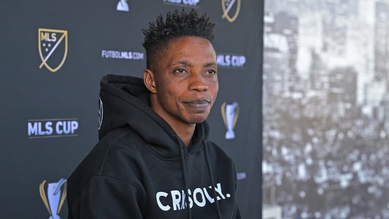 Nov 2, 2022; Los Angeles, California, US;  LAFC midfielder Latif Blessing (7) answers questions from the media at the Nectar Performance Center.  Mandatory Credit: Jayne Kamin-Oncea-USA TODAY Sports