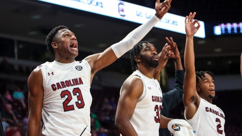 Nov 2, 2022; Columbia, South Carolina, US; South Carolina Gamecocks forward Gregory "GG" Jackson II (23) cheers a teammate during the second half against the Mars Hill Lions at Colonial Life Arena. Mandatory Credit: Jeff Blake-USA TODAY Sports