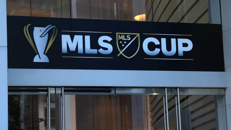 Nov 3, 2022; Los Angeles, California, USA; The MLS Cup logo at the InterContinental Los Angeles Downtown. Mandatory Credit: Kirby Lee-USA TODAY Sports