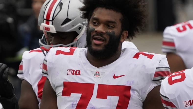 Nov 5, 2022; Evanston, Illinois, USA; Ohio State Buckeyes offensive lineman Paris Johnson Jr. (77) headshot after the game at Ryan Field. Mandatory Credit: David Banks-USA TODAY Sports