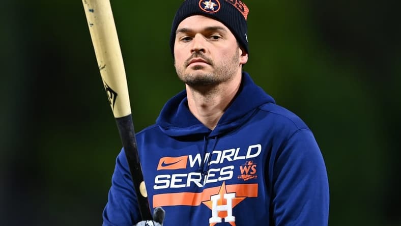 Nov 3, 2022; Philadelphia, Pennsylvania, USA; Houston Astros outfielder Trey Mancini (26) warms up before game five of the 2022 World Series against the Philadelphia Phillies at Citizens Bank Park. Mandatory Credit: Kyle Ross-USA TODAY Sports