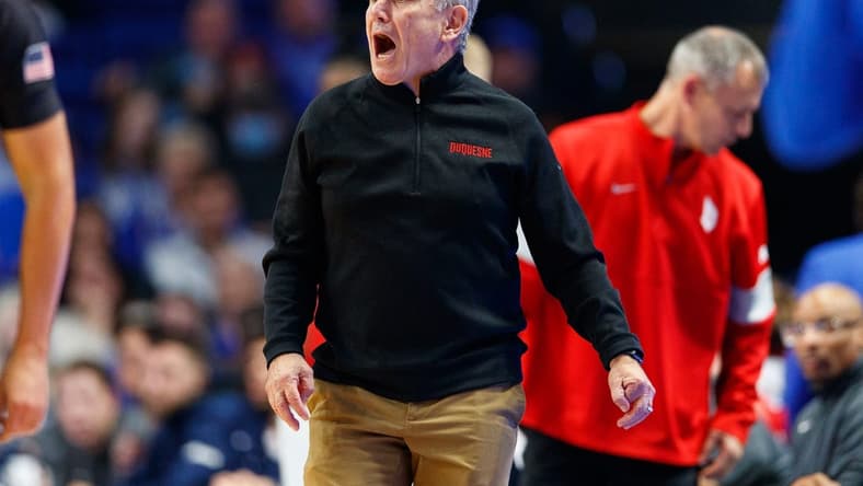 Nov 11, 2022; Lexington, Kentucky, USA; Duquesne Dukes head coach Keith Dambrot reacts during the first half against the Kentucky Wildcats at Rupp Arena at Central Bank Center. Mandatory Credit: Jordan Prather-USA TODAY Sports