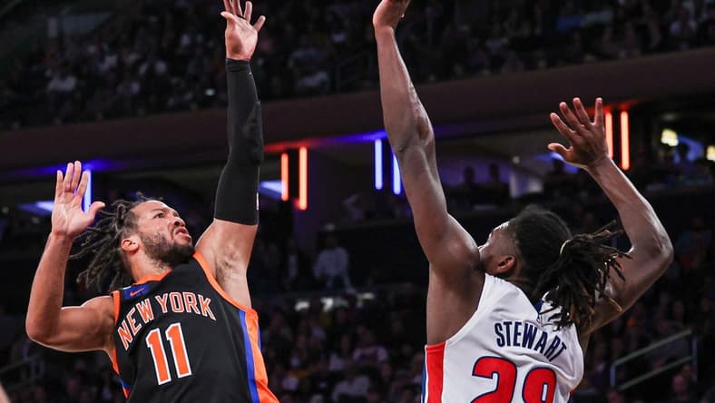 Nov 11, 2022; New York, New York, USA; New York Knicks guard Jalen Brunson (11) shoots the ball as Detroit Pistons center Isaiah Stewart (28) defends during the second half at Madison Square Garden. Mandatory Credit: Vincent Carchietta-USA TODAY Sports