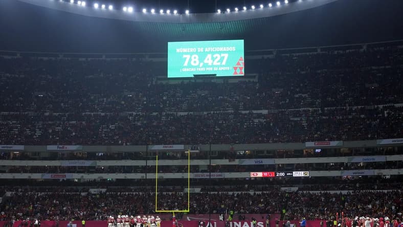 Nov 21, 2022; Mexico City, MEXICO; A stadium sign announces the game s attendance during the fourth quarter between the Arizona Cardinals and the San Francisco 49ers at Estadio Azteca. Mandatory Credit: Kirby Lee-USA TODAY Sports