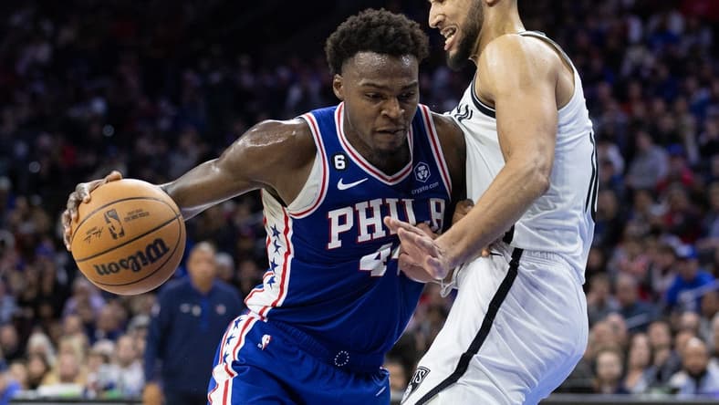 Nov 22, 2022; Philadelphia, Pennsylvania, USA; Philadelphia 76ers forward Paul Reed (44) drives against Brooklyn Nets guard Ben Simmons (10) during the fourth quarter at Wells Fargo Center. Mandatory Credit: Bill Streicher-USA TODAY Sports