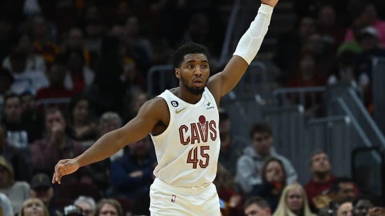 Nov 20, 2022; Cleveland, Ohio, USA; Cleveland Cavaliers guard Donovan Mitchell (45) celebrates during the second half against the Miami Heat at Rocket Mortgage FieldHouse. Mandatory Credit: Ken Blaze-USA TODAY Sports