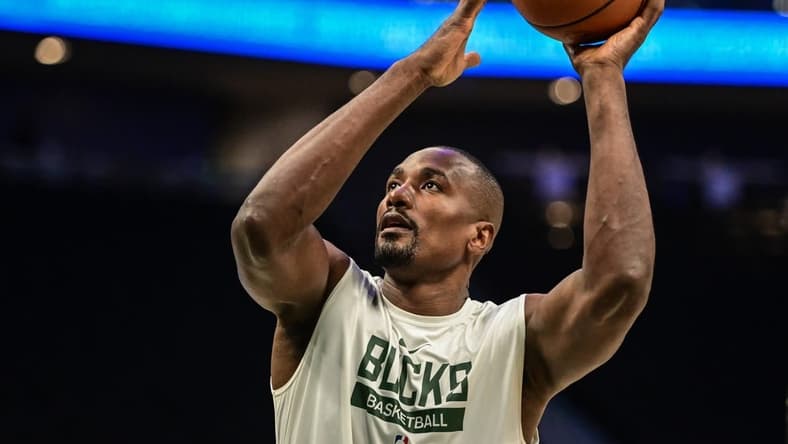 Nov 23, 2022; Milwaukee, Wisconsin, USA; Milwaukee Bucks center Serge Ibaka (25) warms up before a game against the Chicago Bulls at Fiserv Forum. Mandatory Credit: Benny Sieu-USA TODAY Sports