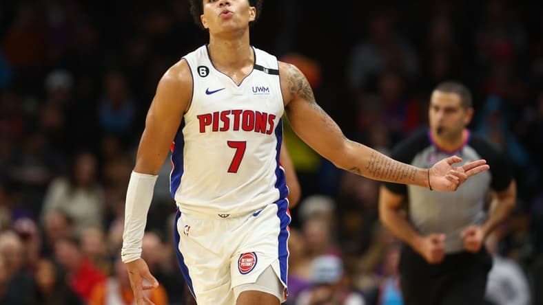 Nov 25, 2022; Phoenix, Arizona, USA; Detroit Pistons guard Killian Hayes (7) celebrates a three point shot against the Phoenix Suns in the first half at Footprint Center. Mandatory Credit: Mark J. Rebilas-USA TODAY Sports