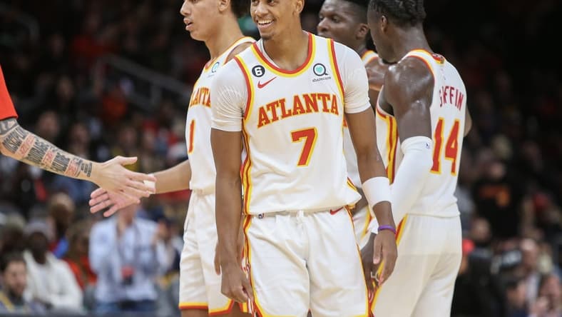 Dec 2, 2022; Atlanta, Georgia, USA; Atlanta Hawks guard Jarrett Culver (7) reacts against the Denver Nuggets in the second half at State Farm Arena. Mandatory Credit: Brett Davis-USA TODAY Sports