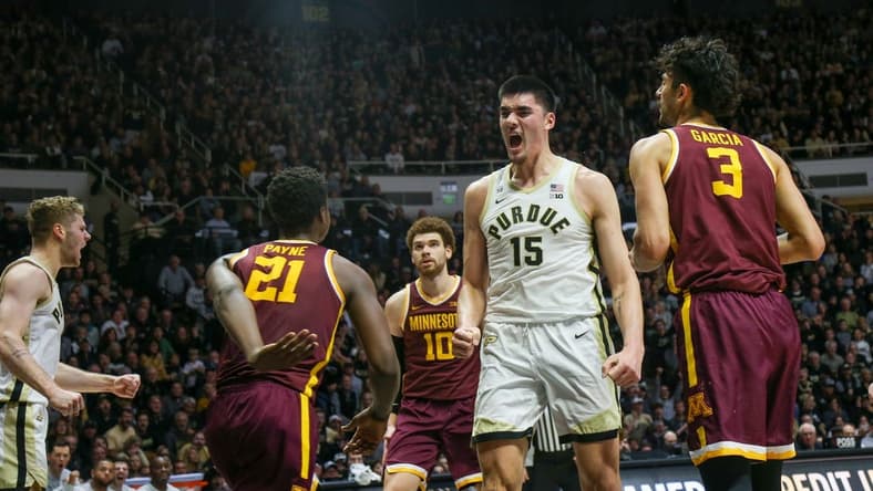 Purdue Boilermakers center Zach Edey (15) celebrates after scoring a dunk during the NCAA men s basketball game against the Minnesota Gophers, Sunday, Dec. 4, 2022, at Mackey Arena in West Lafayette, Ind.
Np2 4604