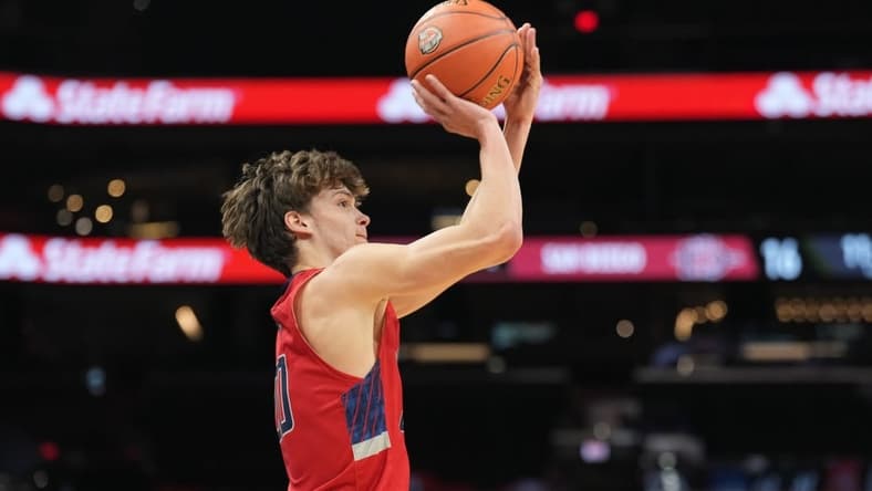 Dec 10, 2022; Phoenix, Arizona, USA; St. Mary's Gaels guard Aidan Mahaney (20) shoots against the San Diego State Aztecs during the first half at Footprint Center. Mandatory Credit: Joe Camporeale-USA TODAY Sports