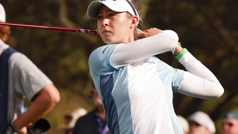 Dec 17, 2022; Orlando, Florida, USA; Nelly Korda hits a drive on the 13th hole during the first round of the PNC Championship golf tournament at Ritz Carlton Golf Club Grande Lakes Orlando Course. Mandatory Credit: Reinhold Matay-USA TODAY Sports