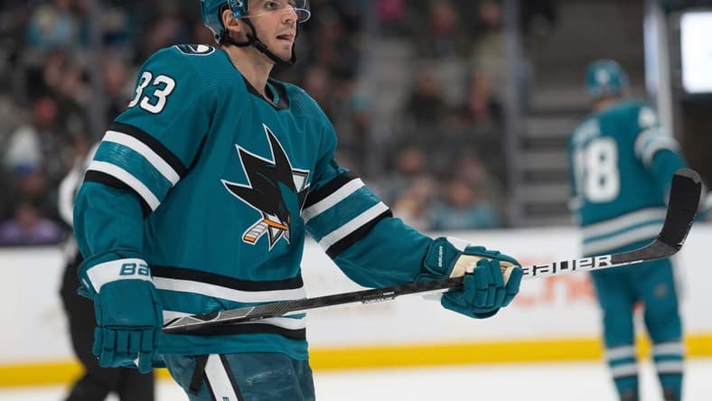 Dec 18, 2022; San Jose, California, USA; San Jose Sharks left wing Matt Nieto (83) during the second period against the Calgary Flames at SAP Center at San Jose. Mandatory Credit: Stan Szeto-USA TODAY Sports