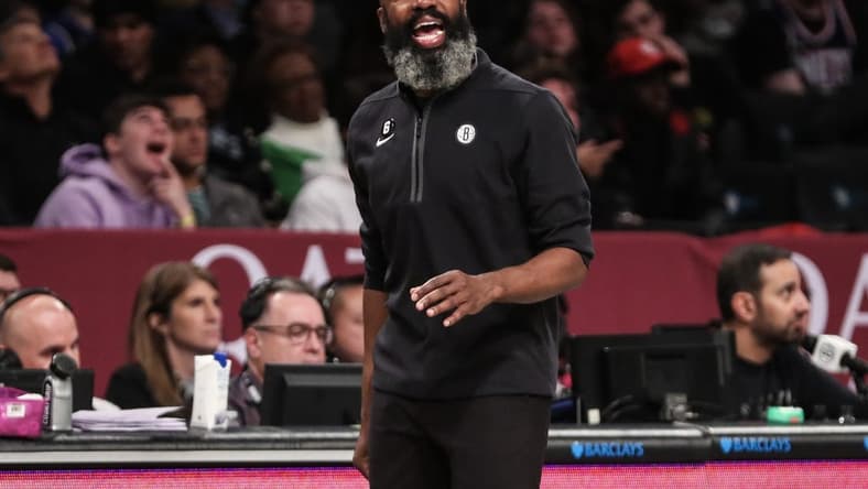 Dec 23, 2022; Brooklyn, New York, USA; Brooklyn Nets head coach Jacque Vaughn yells out instructions in the fourth quarter against the Milwaukee Bucks at Barclays Center. Mandatory Credit: Wendell Cruz-USA TODAY Sports