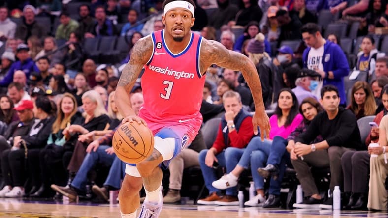 Dec 23, 2022; Sacramento, California, USA; Washington Wizards shooting guard Bradley Beal (3) dribbles against the Sacramento Kings during the third quarter at Golden 1 Center. Mandatory Credit: Kelley L Cox-USA TODAY Sports