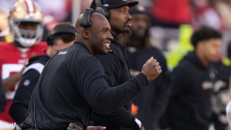 Dec 24, 2022; Santa Clara, California, USA; San Francisco 49ers defensive coordinator DeMeco Ryans reacts during the third quarter against the Washington Commanders at Levi's Stadium. Mandatory Credit: Stan Szeto-USA TODAY Sports