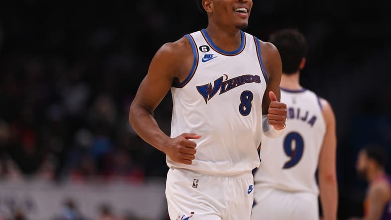 Dec 28, 2022; Washington, District of Columbia, USA; Washington Wizards forward Rui Hachimura (8) reacts during the second half against the Phoenix Suns at Capital One Arena. Mandatory Credit: Tommy Gilligan-USA TODAY Sports