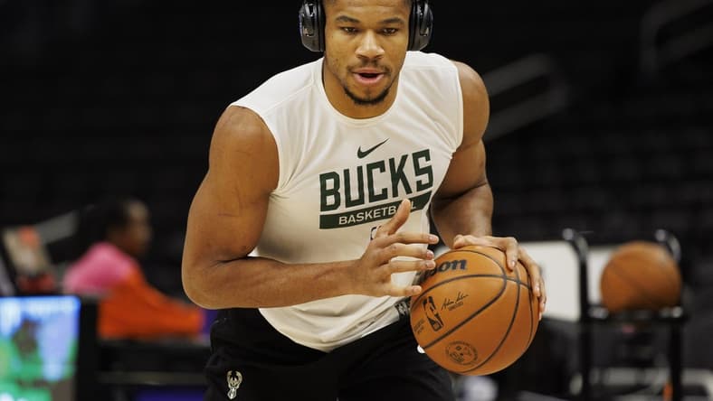 Dec 30, 2022; Milwaukee, Wisconsin, USA; Milwaukee Bucks forward Giannis Antetokounmpo (34) during warmups prior to the game against the Minnesota Timberwolves at Fiserv Forum. Mandatory Credit: Jeff Hanisch-USA TODAY Sports