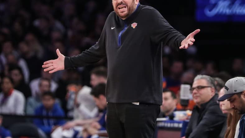 Jan 2, 2023; New York, New York, USA; New York Knicks head coach Tom Thibodeau argues with an official in the third quarter against the Phoenix Suns at Madison Square Garden. Mandatory Credit: Wendell Cruz-USA TODAY Sports