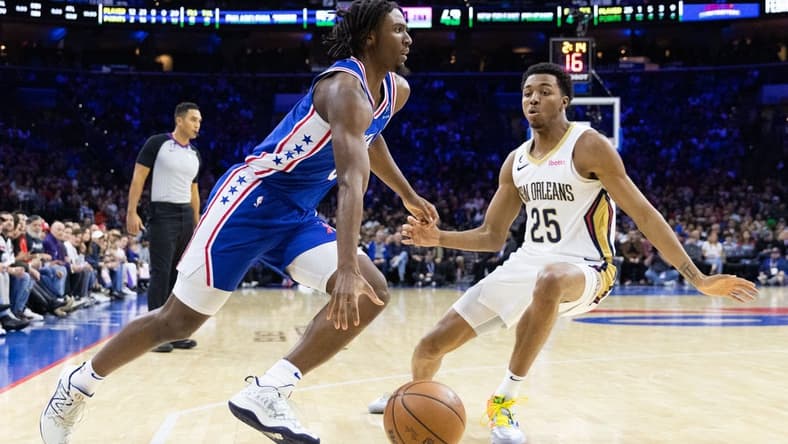 Jan 2, 2023; Philadelphia, Pennsylvania, USA; Philadelphia 76ers guard Tyrese Maxey (0) drives against New Orleans Pelicans guard Trey Murphy III (25) during the second quarter at Wells Fargo Center. Mandatory Credit: Bill Streicher-USA TODAY Sports