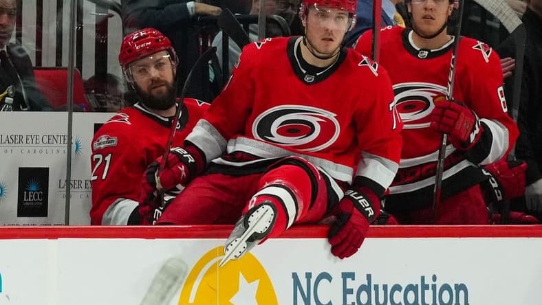 Dec 20, 2022; Raleigh, North Carolina, USA; Carolina Hurricanes center Martin Necas (88) against the New Jersey Devils during the second period at PNC Arena. Mandatory Credit: James Guillory-USA TODAY Sports