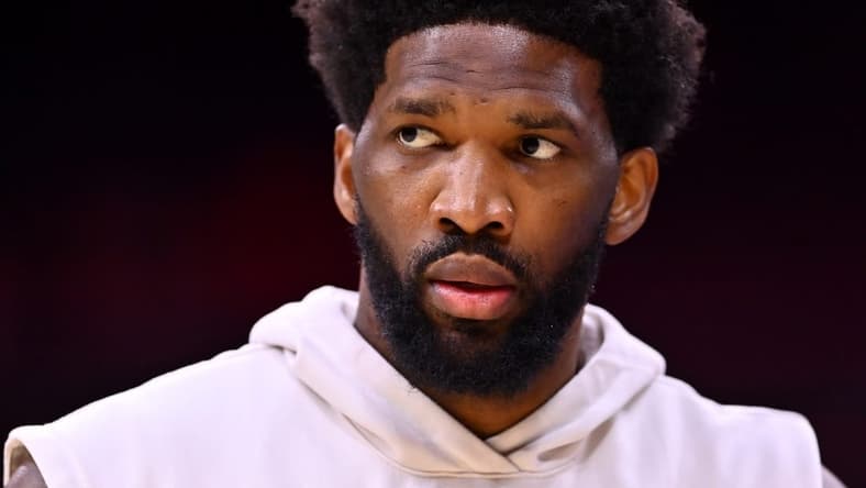 Dec 23, 2022; Philadelphia, Pennsylvania, USA; Philadelphia 76ers center Joel Embiid (21) warms up before the game against the Los Angeles Clippers at Wells Fargo Center. Mandatory Credit: Kyle Ross-USA TODAY Sports
