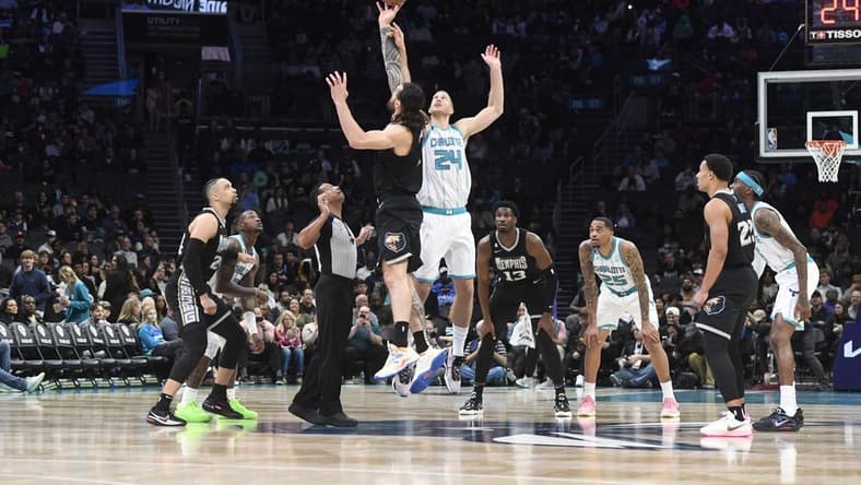 Jan 4, 2023; Charlotte, North Carolina, USA; Memphis Grizzlies center Steven Adams (4) and Charlotte Hornets center Mason Plumlee (24) tip off the game at the Spectrum Center. Mandatory Credit: Sam Sharpe-USA TODAY Sports
