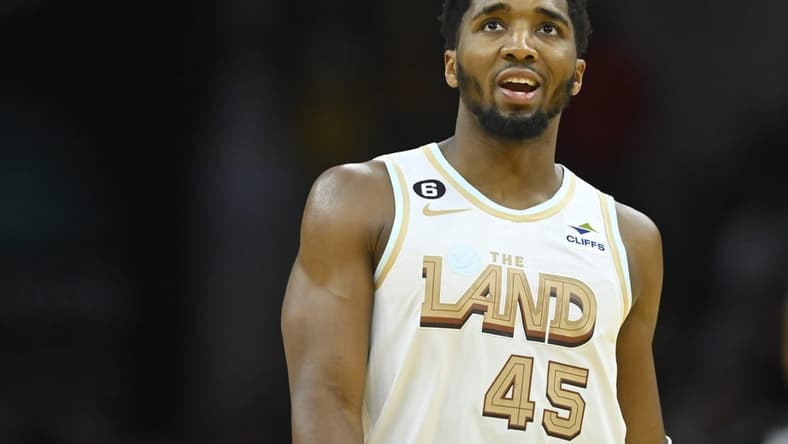 Jan 4, 2023; Cleveland, Ohio, USA; Cleveland Cavaliers guard Donovan Mitchell (45) reacts in the third quarter against the Phoenix Suns at Rocket Mortgage FieldHouse. Mandatory Credit: David Richard-USA TODAY Sports
