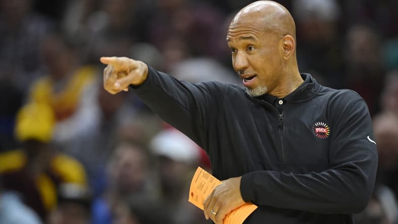 Jan 4, 2023; Cleveland, Ohio, USA; Phoenix Suns head coach Monty Williams reacts in the third quarter against the Cleveland Cavaliers at Rocket Mortgage FieldHouse. Mandatory Credit: David Richard-USA TODAY Sports