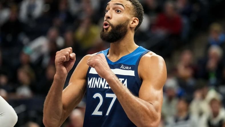 Jan 4, 2023; Minneapolis, Minnesota, USA; Minnesota Timberwolves center Rudy Gobert (27) looks on during the third quarter against the Portland Trail Blazers at Target Center. Mandatory Credit: Brace Hemmelgarn-USA TODAY Sports