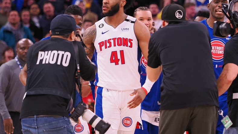 Jan 4, 2023; San Francisco, California, USA; Detroit Pistons small forward Saddiq Bey (41) celebrates after scoring a game winning three point basket against the Golden State Warriors with less than one second on the clock during the fourth quarter at Chase Center. Mandatory Credit: Kelley L Cox-USA TODAY Sports