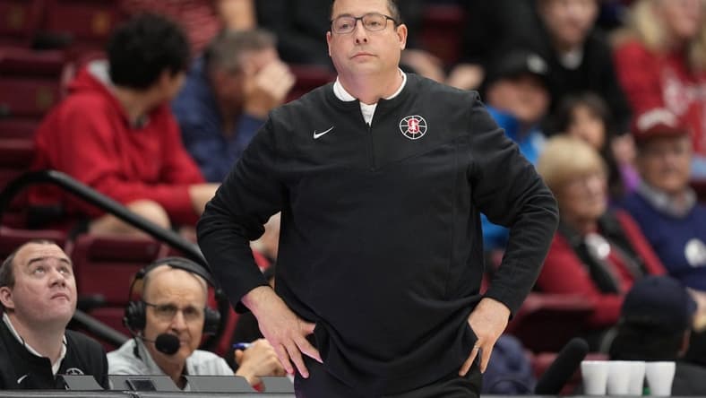 Dec 31, 2022; Stanford, California, USA; Stanford Cardinal head coach Jerod Haase during the second half against the Utah Utes at Maples Pavilion. Mandatory Credit: Darren Yamashita-USA TODAY Sports