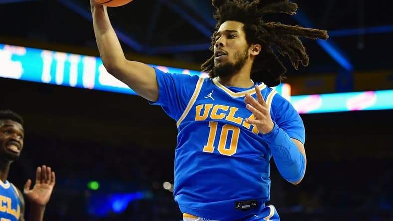 Jan 5, 2023; Los Angeles, California, USA; UCLA Bruins guard Tyger Campbell (10) gets during the second half at Pauley Pavilion. Mandatory Credit: Gary A. Vasquez-USA TODAY Sports