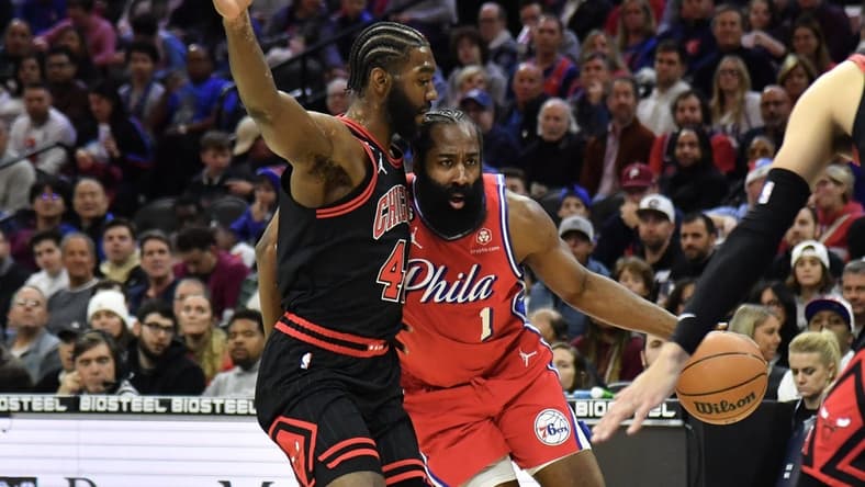 Jan 6, 2023; Philadelphia, Pennsylvania, USA; Philadelphia 76ers guard James Harden (1) drives to the basket Chicago Bulls forward Patrick Williams (44) during the first quarter at Wells Fargo Center. Mandatory Credit: Eric Hartline-USA TODAY Sports
